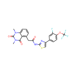 Cn1c(=O)c2c(CC(=O)Nc3nc(-c4ccc(OC(F)(F)F)c(F)c4)cs3)cccc2n(C)c1=O ZINC000201313540