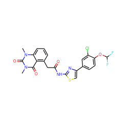 Cn1c(=O)c2c(CC(=O)Nc3nc(-c4ccc(OC(F)F)c(Cl)c4)cs3)cccc2n(C)c1=O ZINC000117150821