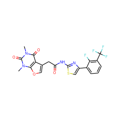 Cn1c(=O)c2c(CC(=O)Nc3nc(-c4cccc(C(F)(F)F)c4F)cs3)coc2n(C)c1=O ZINC000068247413