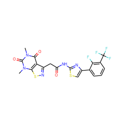 Cn1c(=O)c2c(CC(=O)Nc3nc(-c4cccc(C(F)(F)F)c4F)cs3)nsc2n(C)c1=O ZINC000068246215