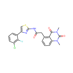 Cn1c(=O)c2c(CC(=O)Nc3nc(-c4cccc(Cl)c4F)cs3)cccc2n(C)c1=O ZINC000117152429