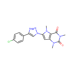 Cn1c(=O)c2c(cc(-n3cc(-c4ccc(Cl)cc4)nn3)n2C)n(C)c1=O ZINC000095593582