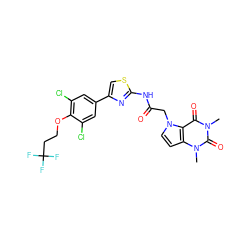 Cn1c(=O)c2c(ccn2CC(=O)Nc2nc(-c3cc(Cl)c(OCCC(F)(F)F)c(Cl)c3)cs2)n(C)c1=O ZINC000114216259