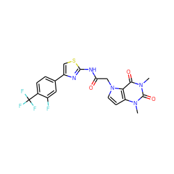 Cn1c(=O)c2c(ccn2CC(=O)Nc2nc(-c3ccc(C(F)(F)F)c(F)c3)cs2)n(C)c1=O ZINC000068246487