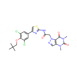 Cn1c(=O)c2c(cnn2CC(=O)Nc2nc(-c3cc(Cl)c(OCC(C)(C)C)c(Cl)c3)cs2)n(C)c1=O ZINC000114212159