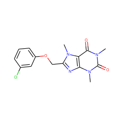 Cn1c(=O)c2c(nc(COc3cccc(Cl)c3)n2C)n(C)c1=O ZINC000084689677