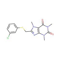 Cn1c(=O)c2c(nc(CSc3cccc(Cl)c3)n2C)n(C)c1=O ZINC000084732152