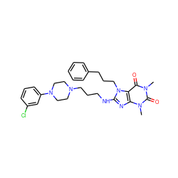 Cn1c(=O)c2c(nc(NCCCN3CCN(c4cccc(Cl)c4)CC3)n2CCCc2ccccc2)n(C)c1=O ZINC000103208001