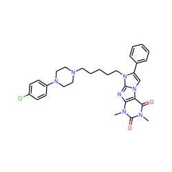 Cn1c(=O)c2c(nc3n(CCCCCN4CCN(c5ccc(Cl)cc5)CC4)c(-c4ccccc4)cn23)n(C)c1=O ZINC000299866039