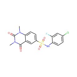 Cn1c(=O)c2cc(S(=O)(=O)Nc3ccc(Cl)cc3F)ccc2n(C)c1=O ZINC000004969858