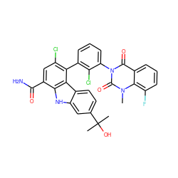 Cn1c(=O)n(-c2cccc(-c3c(Cl)cc(C(N)=O)c4[nH]c5cc(C(C)(C)O)ccc5c34)c2Cl)c(=O)c2cccc(F)c21 ZINC000222845919