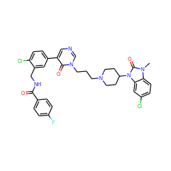 Cn1c(=O)n(C2CCN(CCCn3cncc(-c4ccc(Cl)c(CNC(=O)c5ccc(F)cc5)c4)c3=O)CC2)c2cc(Cl)ccc21 ZINC000058548709