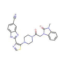 Cn1c(=O)n(CC(=O)N2CCN(c3scnc3-c3nc4cc(C#N)ccc4[nH]3)CC2)c2ccccc21 ZINC000143686659