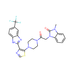 Cn1c(=O)n(CC(=O)N2CCN(c3scnc3-c3nc4cc(C(F)(F)F)ccc4[nH]3)CC2)c2ccccc21 ZINC000143786783