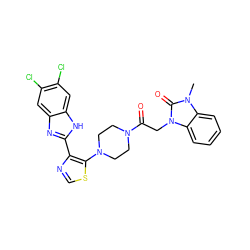 Cn1c(=O)n(CC(=O)N2CCN(c3scnc3-c3nc4cc(Cl)c(Cl)cc4[nH]3)CC2)c2ccccc21 ZINC000143695300