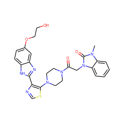 Cn1c(=O)n(CC(=O)N2CCN(c3scnc3-c3nc4cc(OCCO)ccc4[nH]3)CC2)c2ccccc21 ZINC000143802602