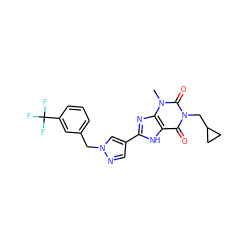 Cn1c(=O)n(CC2CC2)c(=O)c2[nH]c(-c3cnn(Cc4cccc(C(F)(F)F)c4)c3)nc21 ZINC000029055632