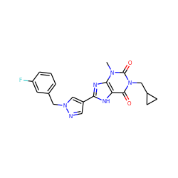 Cn1c(=O)n(CC2CC2)c(=O)c2[nH]c(-c3cnn(Cc4cccc(F)c4)c3)nc21 ZINC000029055693