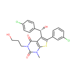 Cn1c(=O)n(CCCO)c(=O)c2c([C@@H](O)c3ccc(Cl)cc3)c(-c3cccc(Cl)c3)sc21 ZINC001772571596