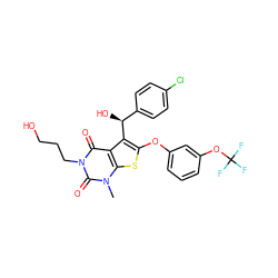 Cn1c(=O)n(CCCO)c(=O)c2c([C@@H](O)c3ccc(Cl)cc3)c(Oc3cccc(OC(F)(F)F)c3)sc21 ZINC001772578746