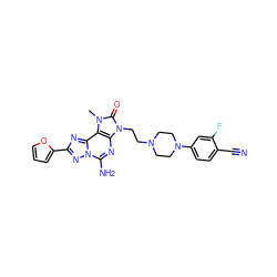 Cn1c(=O)n(CCN2CCN(c3ccc(C#N)c(F)c3)CC2)c2nc(N)n3nc(-c4ccco4)nc3c21 ZINC000148692915