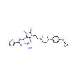 Cn1c(=O)n(CCN2CCN(c3ccc(OC4CC4)cc3)CC2)c2nc(N)n3nc(-c4ccco4)nc3c21 ZINC000148689380