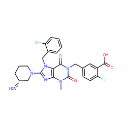 Cn1c(=O)n(Cc2ccc(F)c(C(=O)O)c2)c(=O)c2c1nc(N1CCC[C@@H](N)C1)n2Cc1ccccc1Cl ZINC000299870340