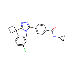 Cn1c(-c2ccc(C(=O)NC3CC3)cc2)nnc1C1(c2ccc(Cl)cc2)CCC1 ZINC000071316040