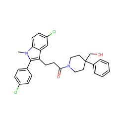 Cn1c(-c2ccc(Cl)cc2)c(CCC(=O)N2CCC(CO)(c3ccccc3)CC2)c2cc(Cl)ccc21 ZINC000026833665