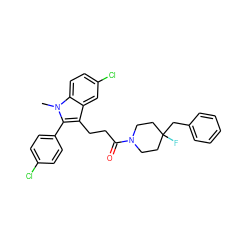 Cn1c(-c2ccc(Cl)cc2)c(CCC(=O)N2CCC(F)(Cc3ccccc3)CC2)c2cc(Cl)ccc21 ZINC000026825466