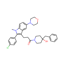 Cn1c(-c2ccc(Cl)cc2)c(CCC(=O)N2CCC(O)(Cc3ccccc3)CC2)c2cc(N3CCOCC3)ccc21 ZINC000028239359