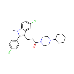 Cn1c(-c2ccc(Cl)cc2)c(CCC(=O)N2CCN(C3CCCCC3)CC2)c2cc(Cl)ccc21 ZINC000026822810