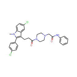 Cn1c(-c2ccc(Cl)cc2)c(CCC(=O)N2CCN(CC(=O)Nc3ccccc3)CC2)c2cc(Cl)ccc21 ZINC000026829362