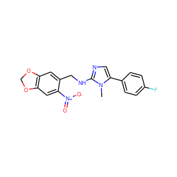 Cn1c(-c2ccc(F)cc2)cnc1NCc1cc2c(cc1[N+](=O)[O-])OCO2 ZINC000000819107