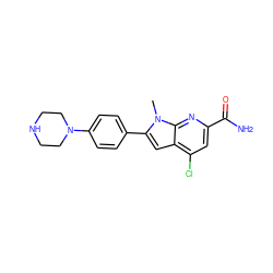 Cn1c(-c2ccc(N3CCNCC3)cc2)cc2c(Cl)cc(C(N)=O)nc21 ZINC001772572068