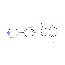 Cn1c(-c2ccc(N3CCNCC3)cc2)cc2c(Cl)ccnc21 ZINC001772632259