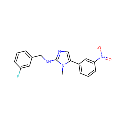 Cn1c(-c2cccc([N+](=O)[O-])c2)cnc1NCc1cccc(F)c1 ZINC000000819097