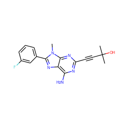 Cn1c(-c2cccc(F)c2)nc2c(N)nc(C#CC(C)(C)O)nc21 ZINC000013861460