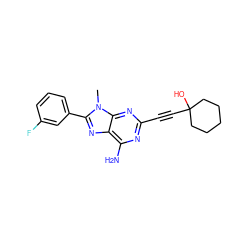 Cn1c(-c2cccc(F)c2)nc2c(N)nc(C#CC3(O)CCCCC3)nc21 ZINC000013861450