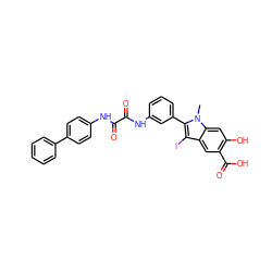 Cn1c(-c2cccc(NC(=O)C(=O)Nc3ccc(-c4ccccc4)cc3)c2)c(I)c2cc(C(=O)O)c(O)cc21 ZINC000221031922