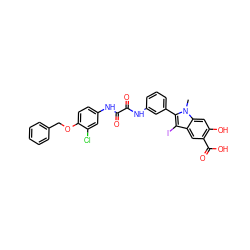 Cn1c(-c2cccc(NC(=O)C(=O)Nc3ccc(OCc4ccccc4)c(Cl)c3)c2)c(I)c2cc(C(=O)O)c(O)cc21 ZINC000221032011