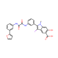 Cn1c(-c2cccc(NC(=O)C(=O)Nc3cccc(-c4ccco4)c3)c2)c(I)c2cc(C(=O)O)c(O)cc21 ZINC000299826926