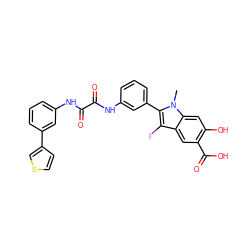 Cn1c(-c2cccc(NC(=O)C(=O)Nc3cccc(-c4ccsc4)c3)c2)c(I)c2cc(C(=O)O)c(O)cc21 ZINC000220907418