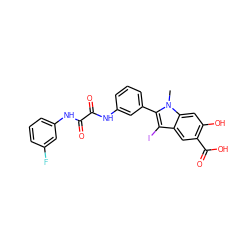 Cn1c(-c2cccc(NC(=O)C(=O)Nc3cccc(F)c3)c2)c(I)c2cc(C(=O)O)c(O)cc21 ZINC000220895586