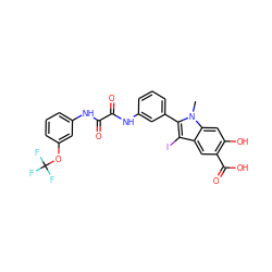 Cn1c(-c2cccc(NC(=O)C(=O)Nc3cccc(OC(F)(F)F)c3)c2)c(I)c2cc(C(=O)O)c(O)cc21 ZINC000221065652