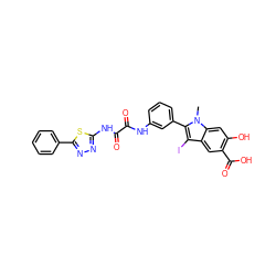 Cn1c(-c2cccc(NC(=O)C(=O)Nc3nnc(-c4ccccc4)s3)c2)c(I)c2cc(C(=O)O)c(O)cc21 ZINC000221065398