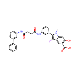 Cn1c(-c2cccc(NC(=O)CCC(=O)Nc3cccc(-c4ccccc4)c3)c2)c(I)c2cc(C(=O)O)c(O)cc21 ZINC000299827482