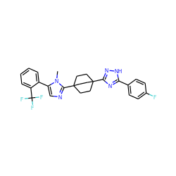 Cn1c(-c2ccccc2C(F)(F)F)cnc1C12CCC(c3n[nH]c(-c4ccc(F)cc4)n3)(CC1)CC2 ZINC000029126466