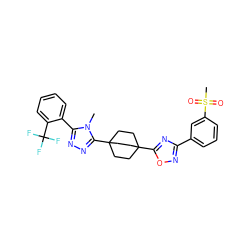 Cn1c(-c2ccccc2C(F)(F)F)nnc1C12CCC(c3nc(-c4cccc(S(C)(=O)=O)c4)no3)(CC1)CC2 ZINC000028529302