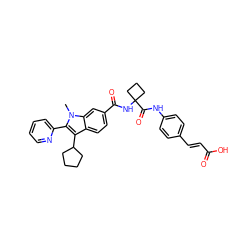 Cn1c(-c2ccccn2)c(C2CCCC2)c2ccc(C(=O)NC3(C(=O)Nc4ccc(/C=C/C(=O)O)cc4)CCC3)cc21 ZINC000095577431